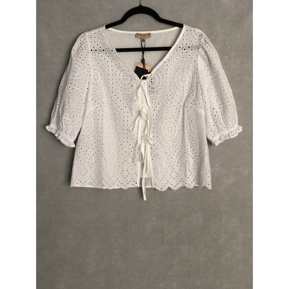 Hester & Orchard Front Tie Top Puff Sleeve White Eyelet Women's Medium NEW